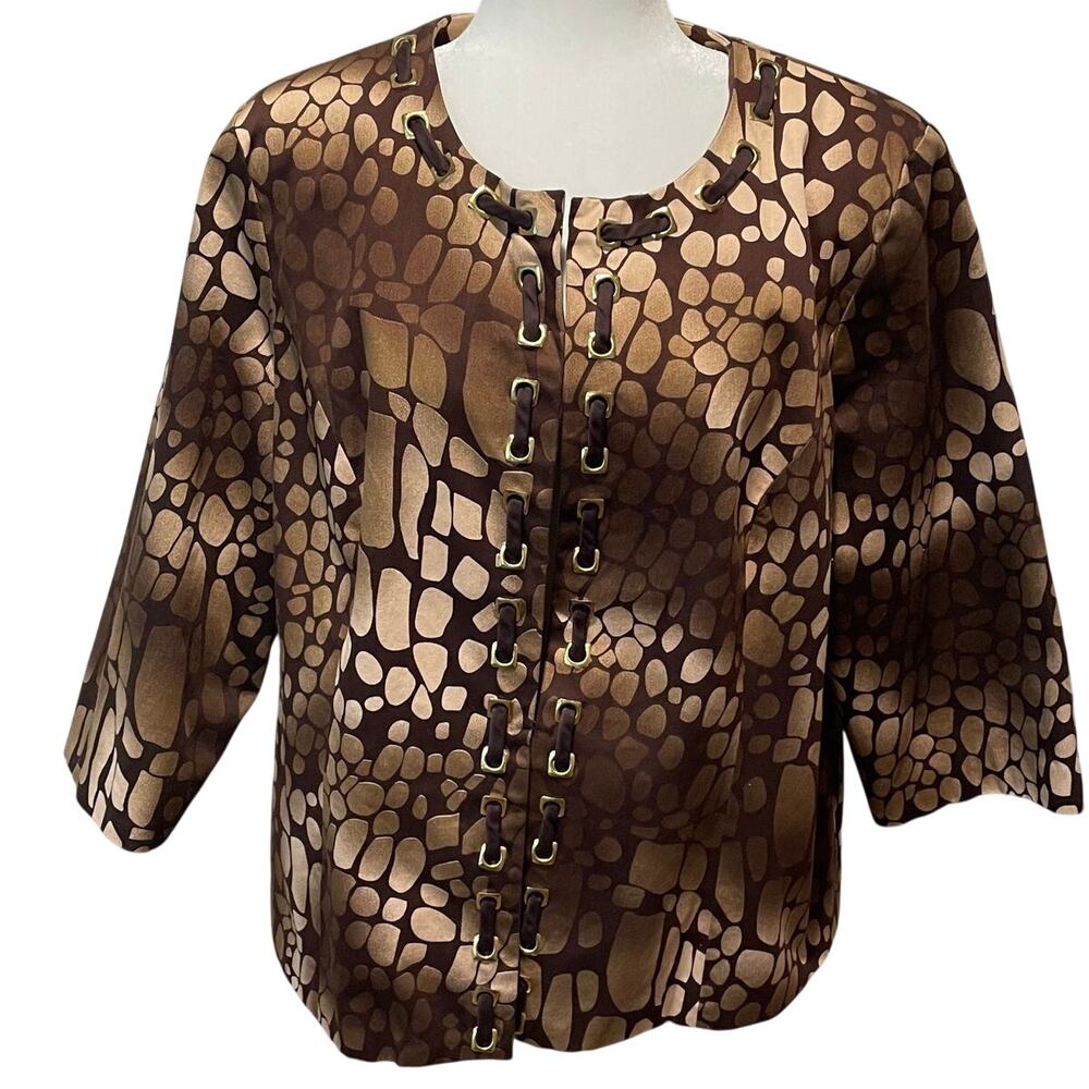 Carole Little Jacket 1X Animal Print Ribbon Grommet Detail Lined Cotton Career